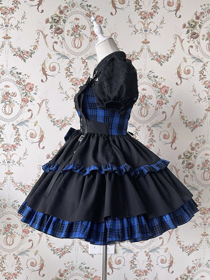 Punk Idol Lolita Dress Black and Plaid Blue Jumper Skirt