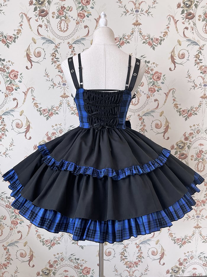 Punk Idol Lolita Dress Black and Plaid Blue Jumper Skirt