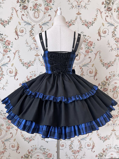 Punk Idol Lolita Dress Black and Plaid Blue Jumper Skirt