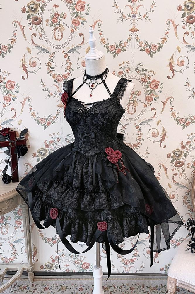 Waist 59-76CM Clearance-Size Lolita Bleeding Black S Rose for Skirt Gothic