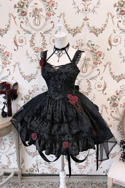 Waist 59-76CM Clearance-Size Lolita Bleeding Black S Rose for Skirt Gothic