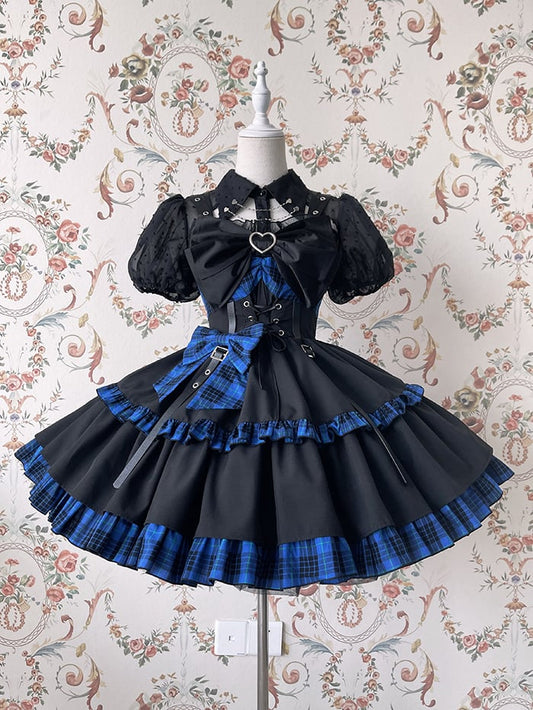 Punk Idol Lolita-Kleid, schwarz und kariert, blauer Pulloverrock
