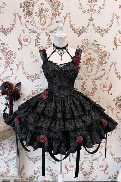 Waist 59-76CM Clearance-Size Lolita Bleeding Black S Rose for Skirt Gothic