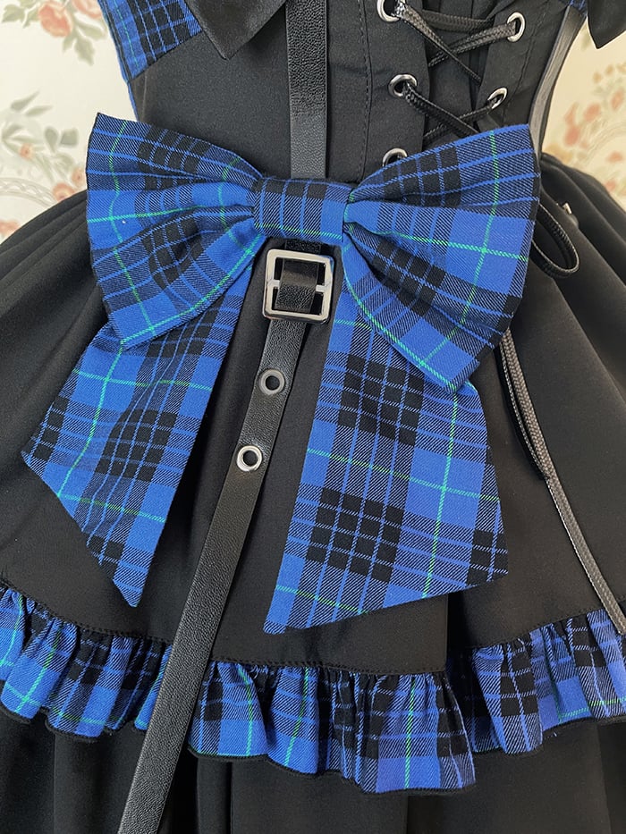 Punk Idol Lolita Dress Black and Plaid Blue Jumper Skirt