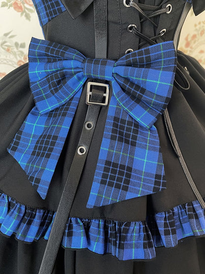 Punk Idol Lolita Dress Black and Plaid Blue Jumper Skirt