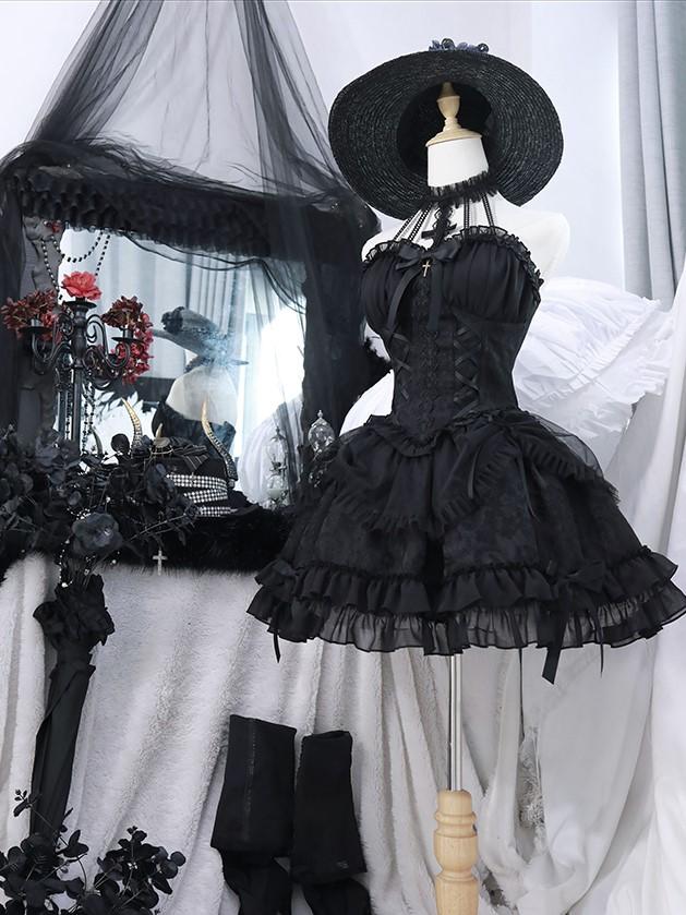 Cross Belle Schwarzes Neckholder-Korsettkleid Gothic Lolita JSK