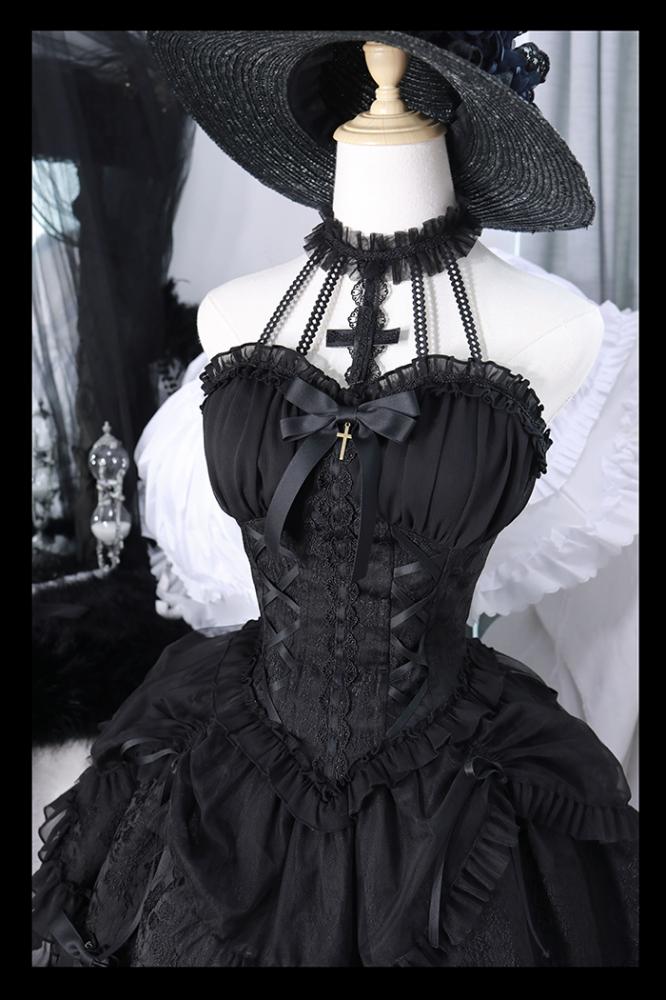 Cross Belle Schwarzes Neckholder-Korsettkleid Gothic Lolita JSK