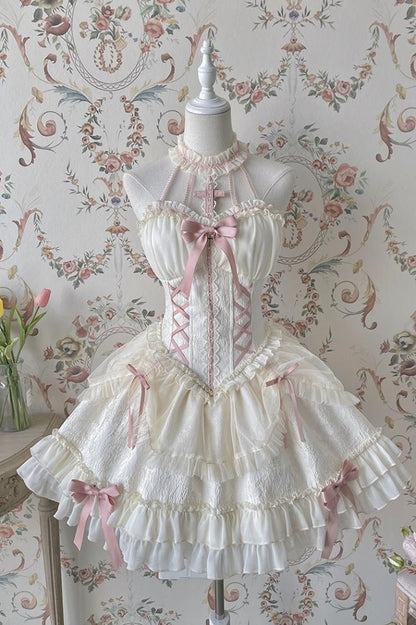 Cross Belle Elfenbein und Rosa Korsettkleid Neckholder Balletcore Lolita JSK