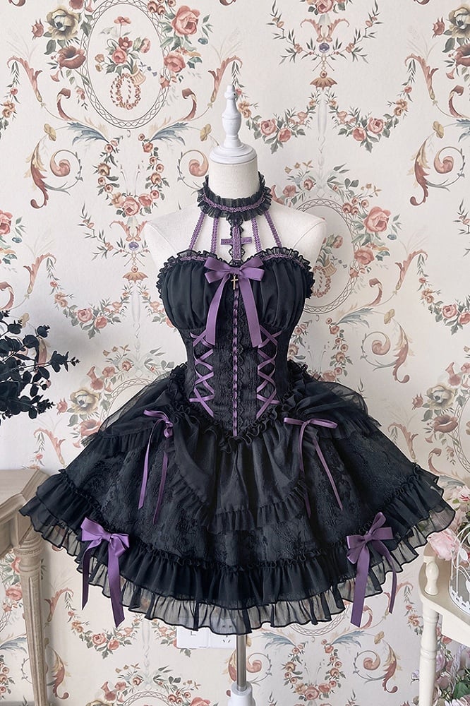 Neck Balletcore Corset Lolita Dress Pink Belle JSK Halter Cross