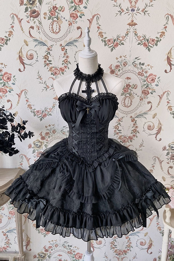 Neck Balletcore Corset Lolita Dress Pink Belle JSK Halter Cross