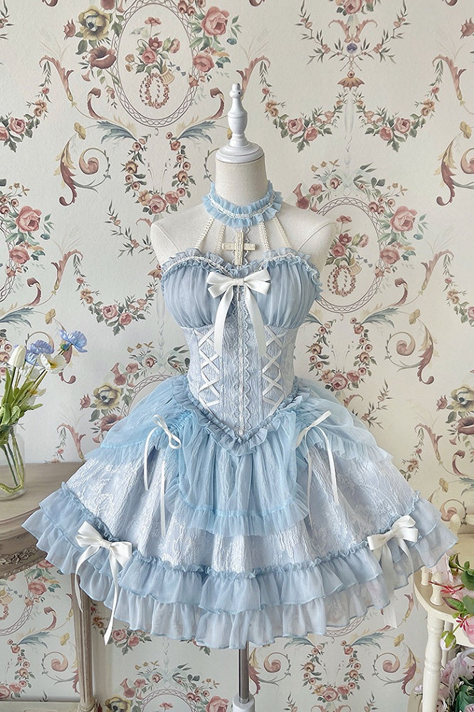 Neck Balletcore Corset Lolita Dress Pink Belle JSK Halter Cross