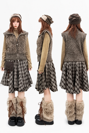 Front, side and back styling of brown knit cardigan