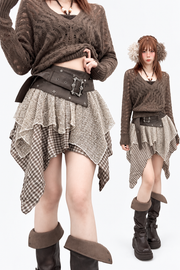 Brown tartan layered skirt with textured mesh