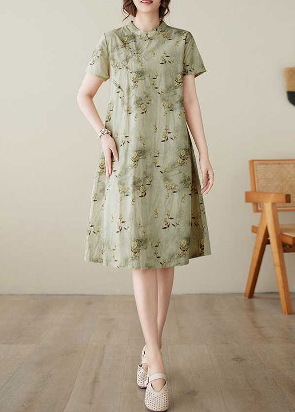 Baumwolle Grün Print Sommer Elegantes Kragenkleid Knopfständer