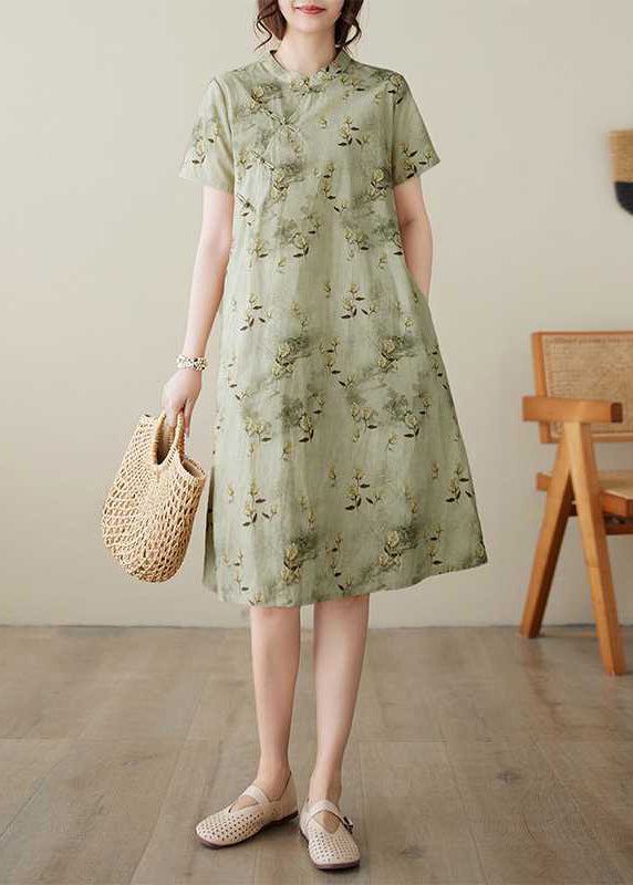Baumwolle Grün Print Sommer Elegantes Kragenkleid Knopfständer
