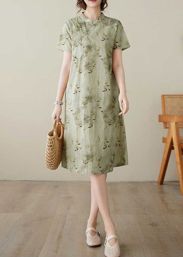Baumwolle Grün Print Sommer Elegantes Kragenkleid Knopfständer
