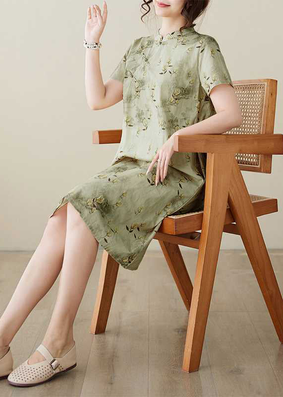 Baumwolle Grün Print Sommer Elegantes Kragenkleid Knopfständer