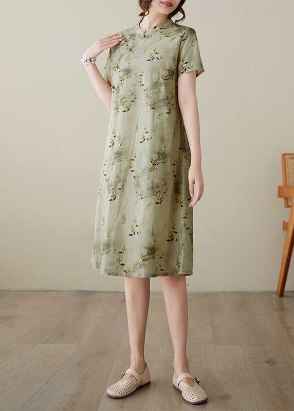 Baumwolle Grün Print Sommer Elegantes Kragenkleid Knopfständer