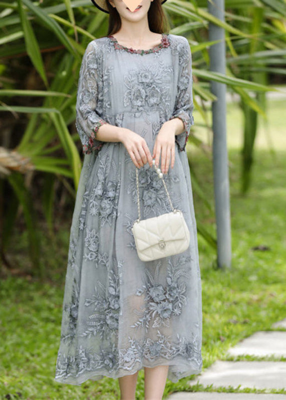 O-Ausschnitt Armband Langarm bestickt grau Seide Kleider elegant