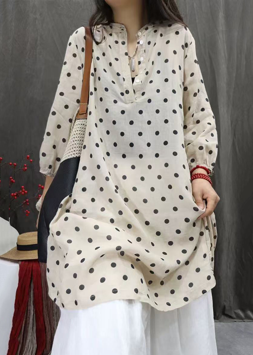 Dress Elegant White Fall Pockets Cotton Dot Shirts Button