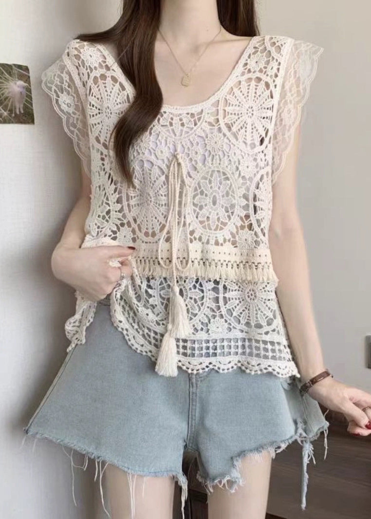 Apricot O-Neck Lace Summer Tassel Tank Fashion