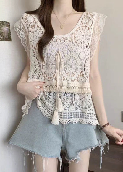 Apricot O-Neck Lace Summer Tassel Tank Fashion
