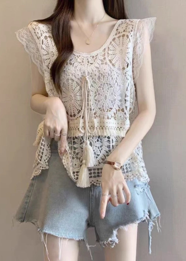 Apricot O-Neck Lace Summer Tassel Tank Fashion