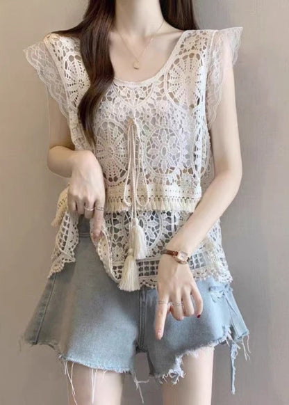 Apricot O-Neck Lace Summer Tassel Tank Fashion
