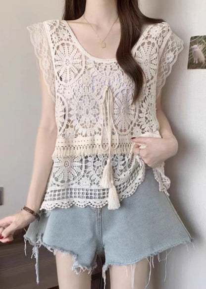 Apricot O-Neck Lace Summer Tassel Tank Fashion