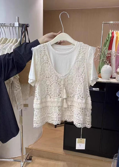 Apricot O-Neck Lace Summer Tassel Tank Fashion