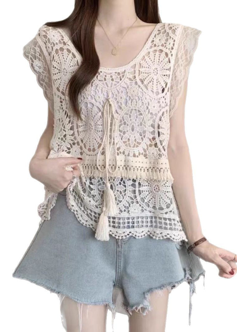 Apricot O-Neck Lace Summer Tassel Tank Fashion