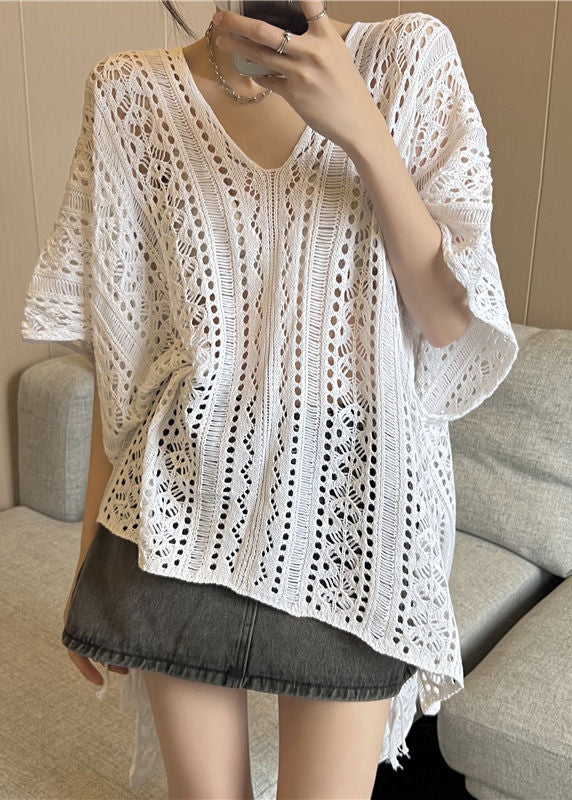 V-Ausschnitt Low Design Sommer Strick Eis Shirt T High Schwarz Mode Seide