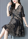 Kleid Mode Print Hals Schwarz Chiffon Sommer Maxi V