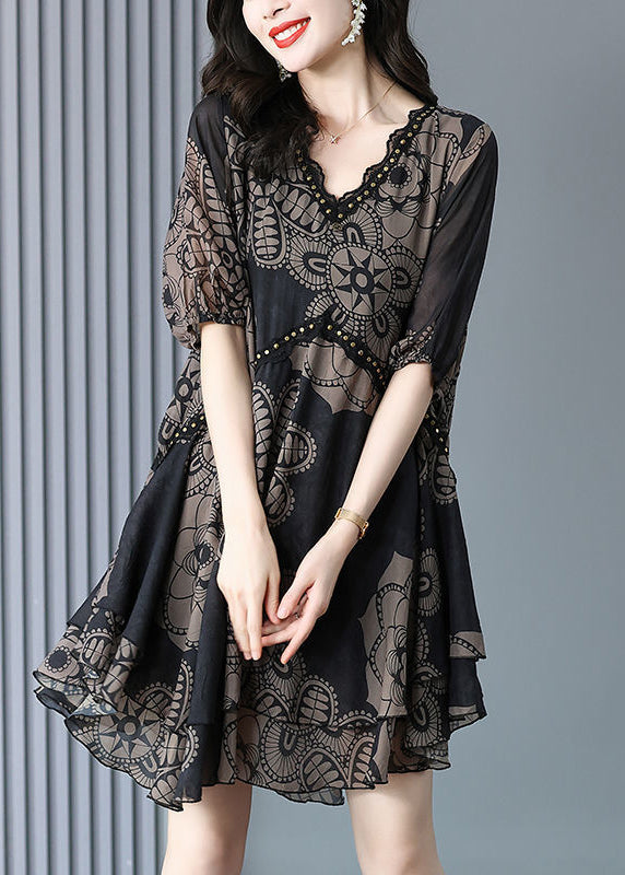Kleid Mode Print Hals Schwarz Chiffon Sommer Maxi V