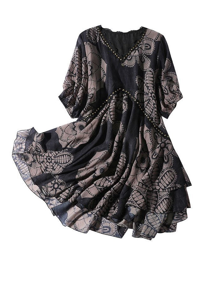 Kleid Mode Print Hals Schwarz Chiffon Sommer Maxi V