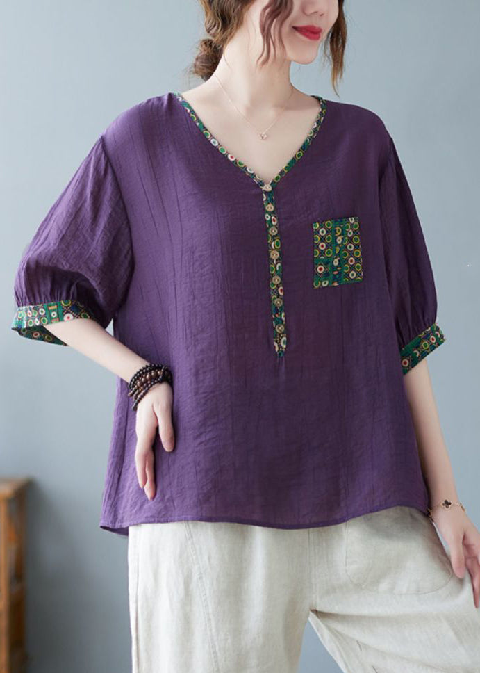 Oberteil mit feinen Printärmeln in Lila mit halbem Patchwork