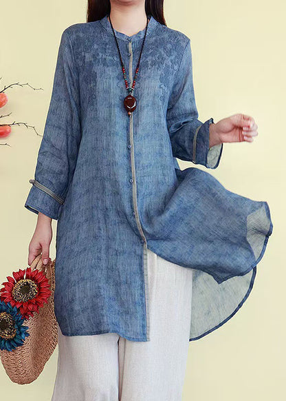 Embroidered Shirts French Linen Blue Fall Button