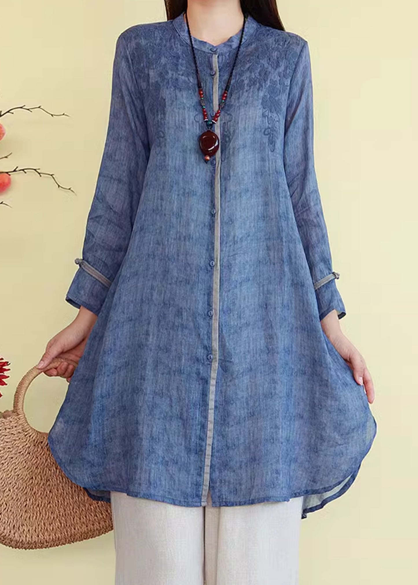 Embroidered Shirts French Linen Blue Fall Button