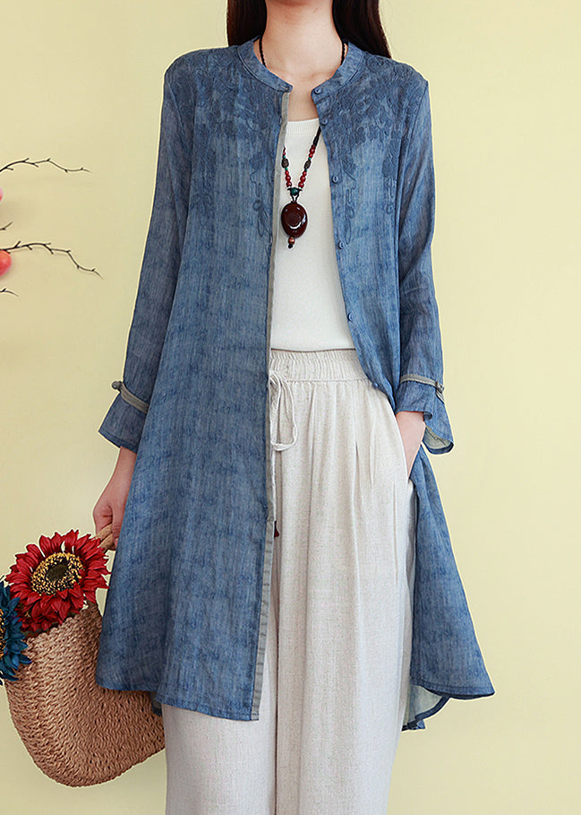 Embroidered Shirts French Linen Blue Fall Button