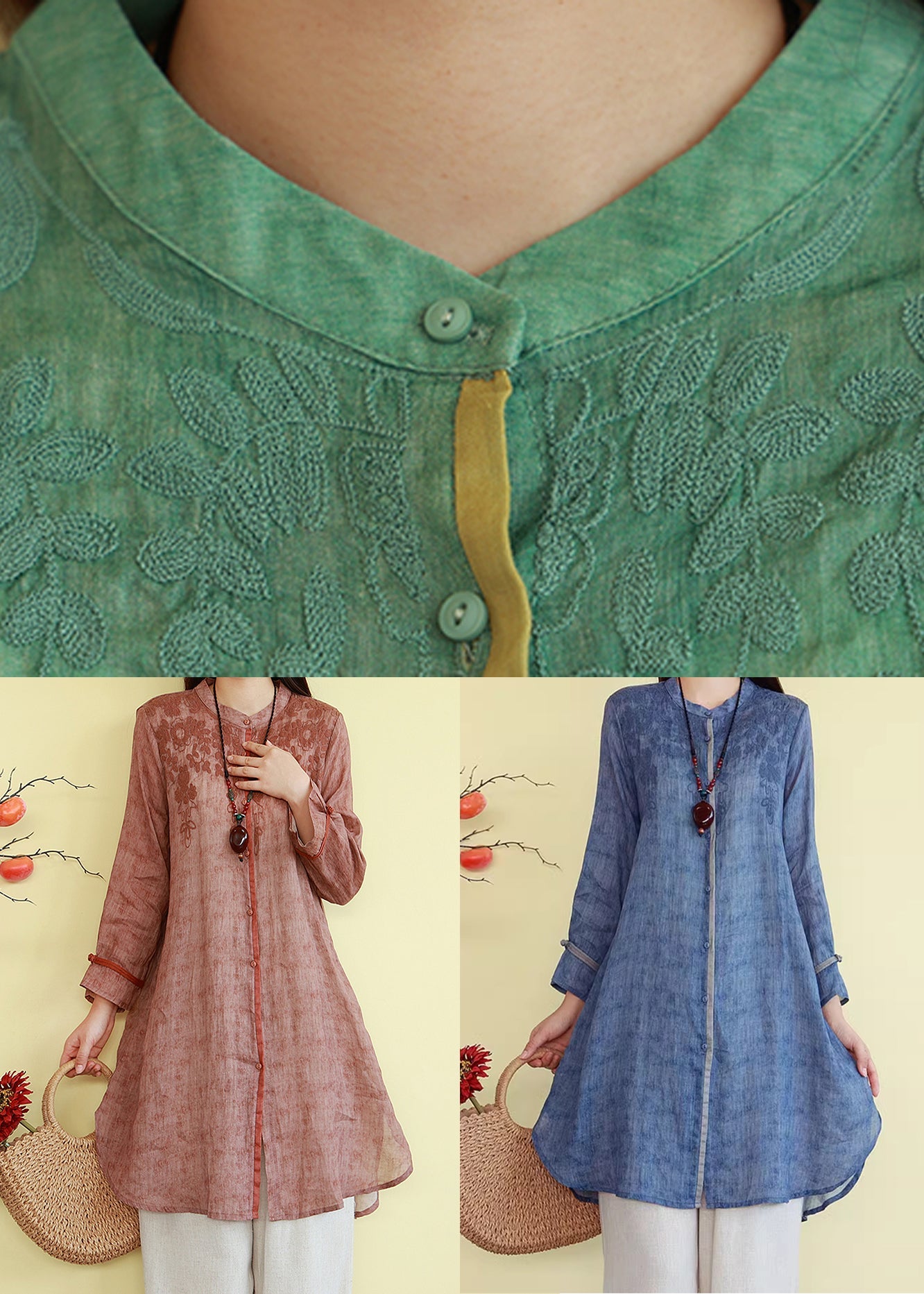 Embroidered Shirts French Linen Blue Fall Button