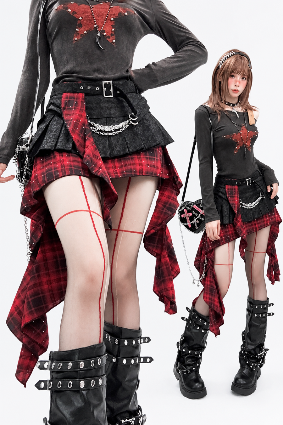 Red tartan asymmetric skirt with black upper layer