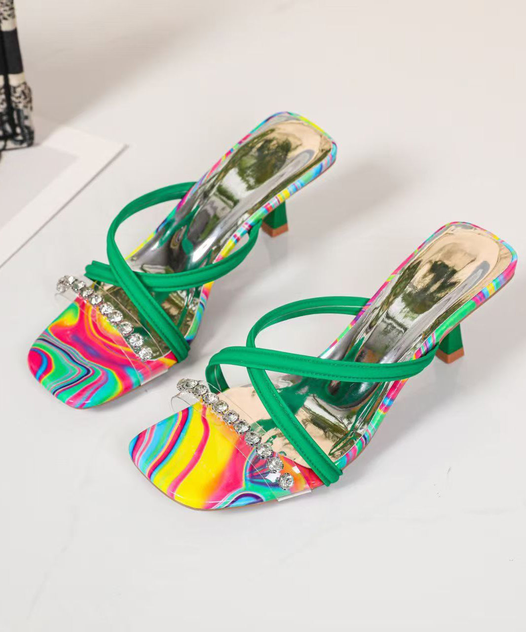Beautiful Splicing Heel Zircon Leather Green High Faux Slide Sandals