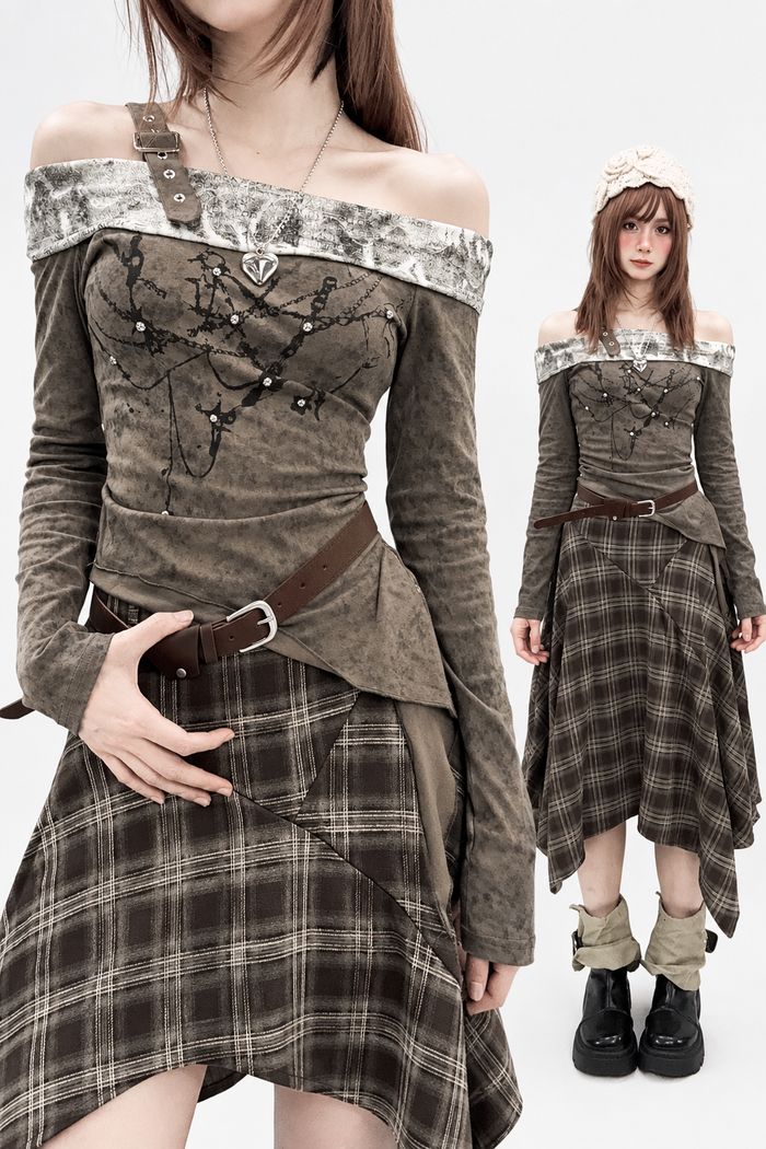 Off-shoulder brown tee with ornamental front motif