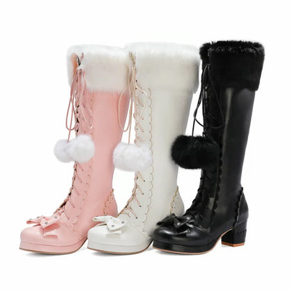 Lolita Warm Fur Bowtie Leather High Boots - 33-45