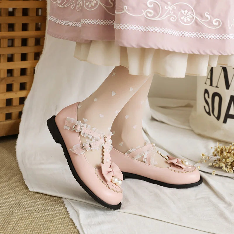 34-48 Bow Pearl Buckle Strap Lace Ruffles Lolita Mary Janes Shoes