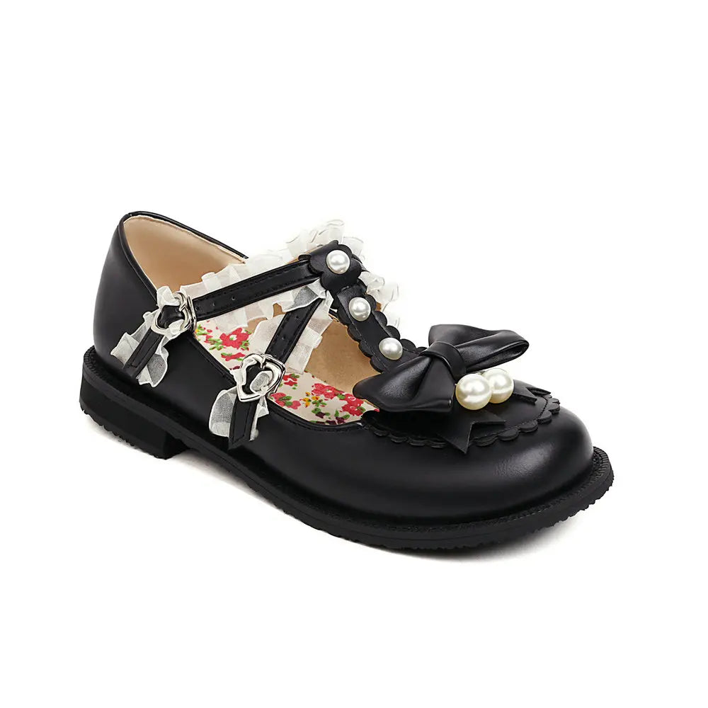 34-48 Bow Pearl Buckle Strap Lace Ruffles Lolita Mary Janes Shoes
