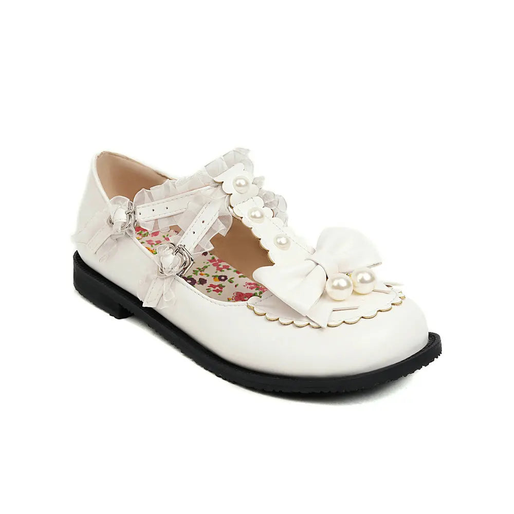 34-48 Bow Pearl Buckle Strap Lace Ruffles Lolita Mary Janes Shoes