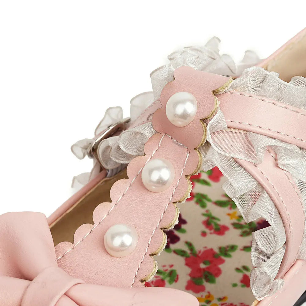 34-48 Bow Pearl Buckle Strap Lace Ruffles Lolita Mary Janes Shoes