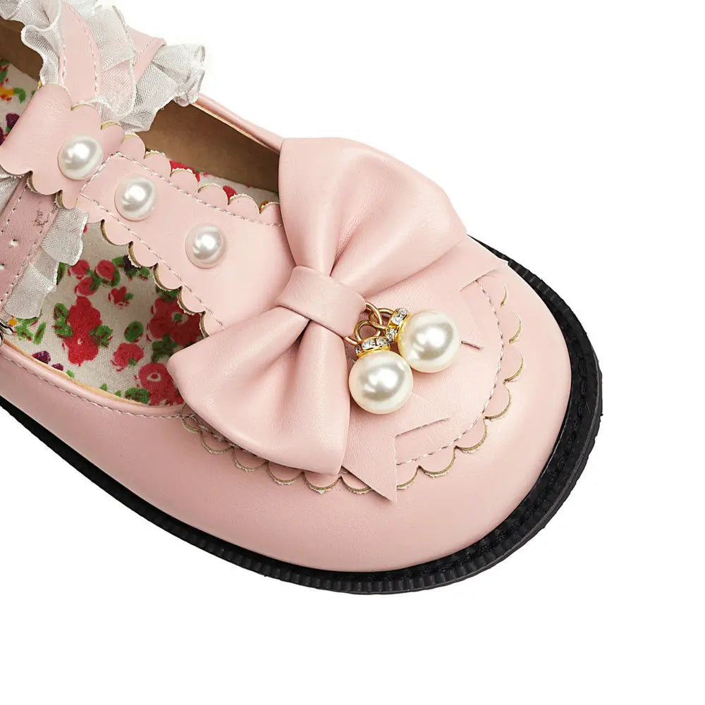 34-48 Bow Pearl Buckle Strap Lace Ruffles Lolita Mary Janes Shoes