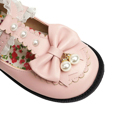 34-48 Bow Pearl Buckle Strap Lace Ruffles Lolita Mary Janes Shoes